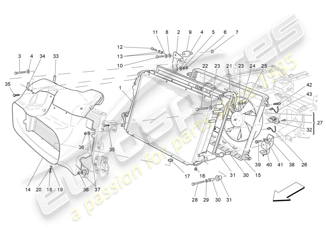 maserati grancabrio mc (2013) refroidissement : diagramme de pièces des radiateurs et des conduits d'air