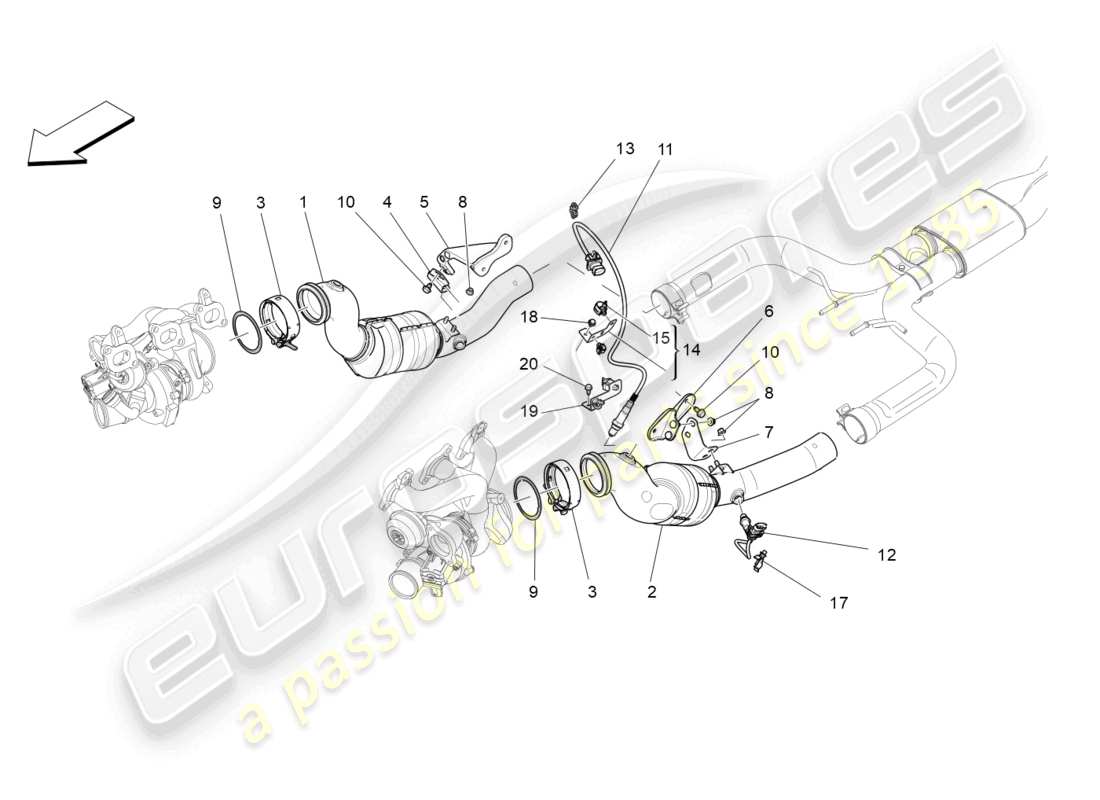 maserati levante (2020) diagramme des pièces des convertisseurs pré-catalytiques et des convertisseurs catalytiques