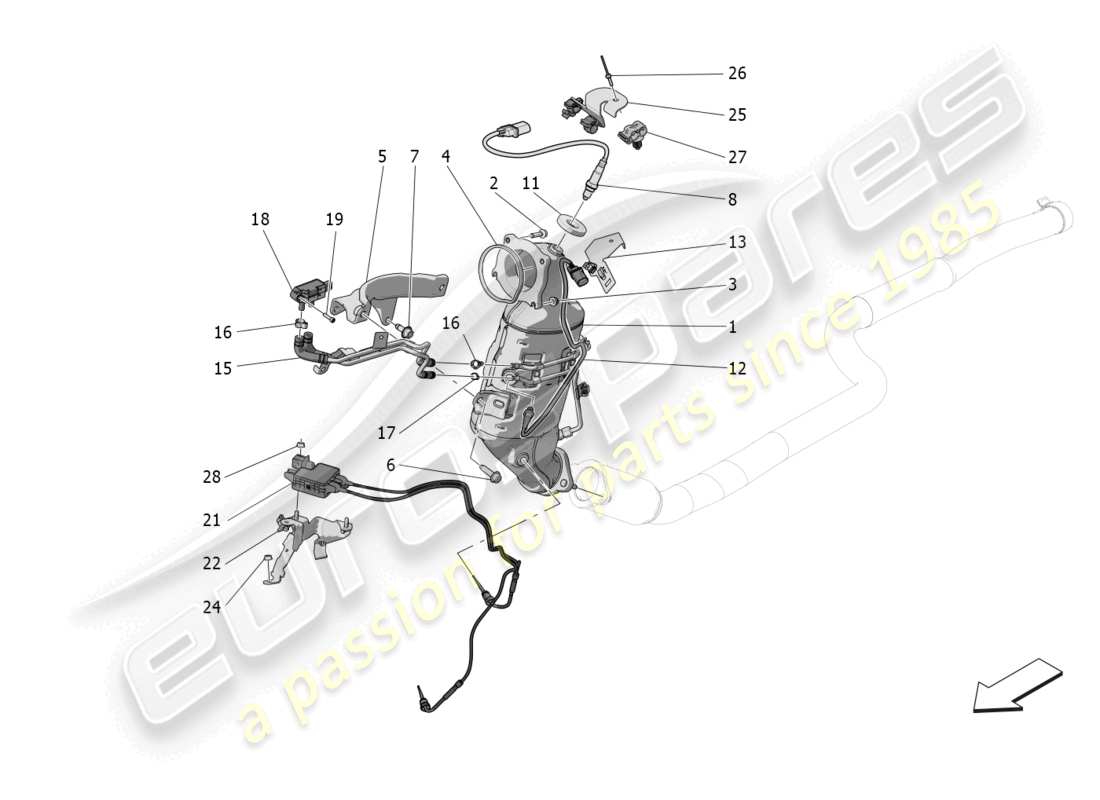 maserati grecale gt (2023) diagramme des pièces des convertisseurs pré-catalytiques et des convertisseurs catalytiques