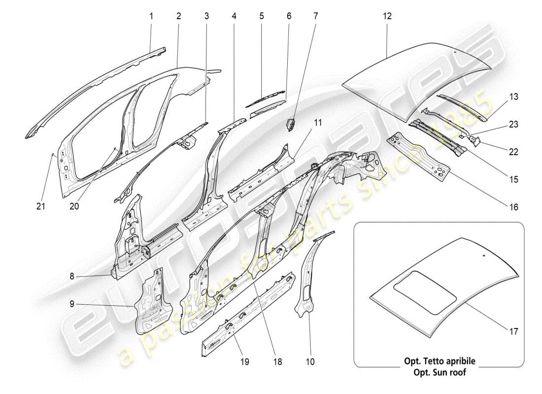 maserati ghibli (2020) schéma des pièces de la carrosserie et des panneaux de garniture extérieurs centraux