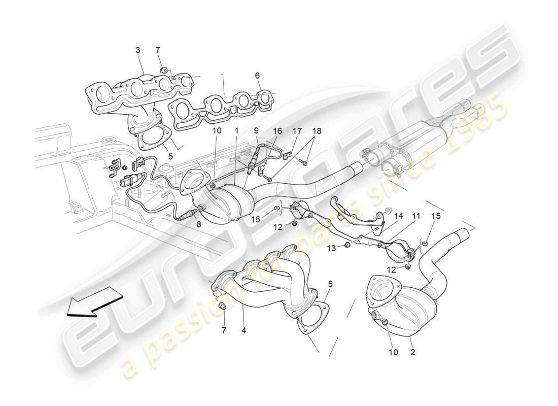 maserati granturismo mc stradale (2012) diagramme des pièces des convertisseurs pré-catalytiques et des convertisseurs catalytiques