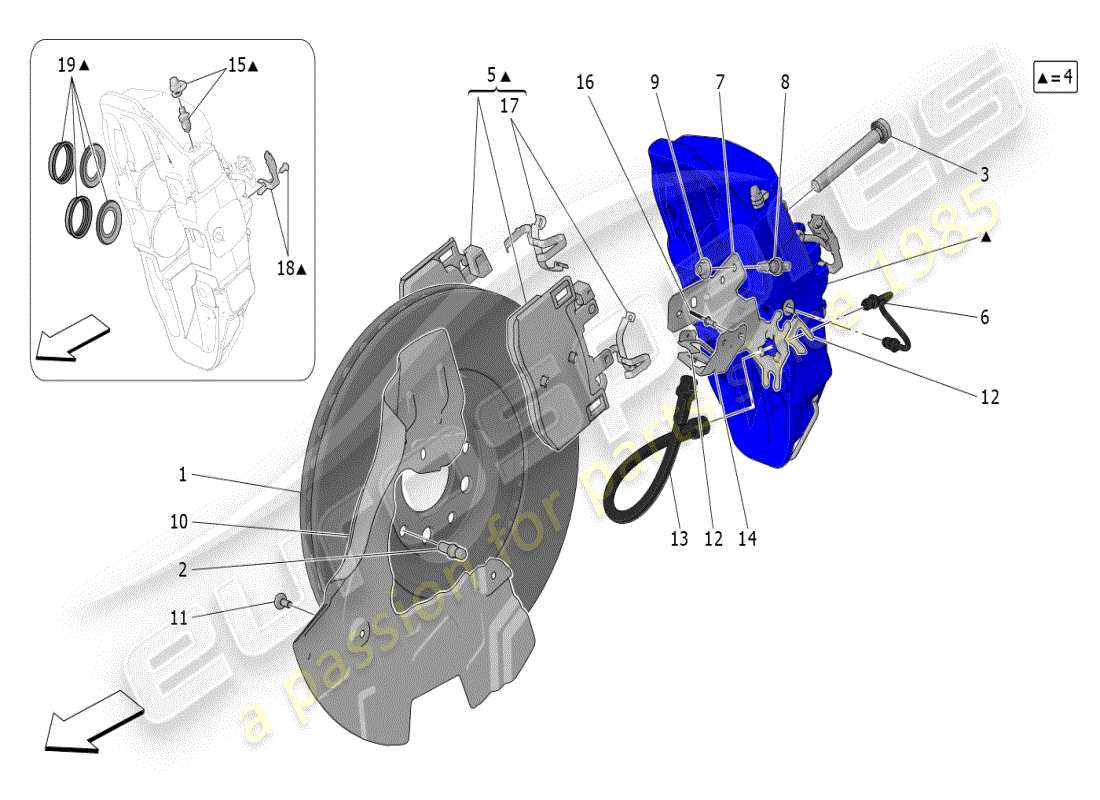 maserati grecale modena (2023) schéma des pièces des dispositifs de freinage sur les roues avant