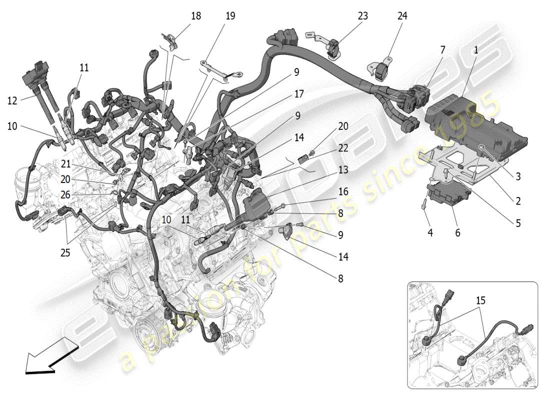 maserati mc20 (2024) commande électronique : diagramme des pièces de commande d'injection et de synchronisation du moteur