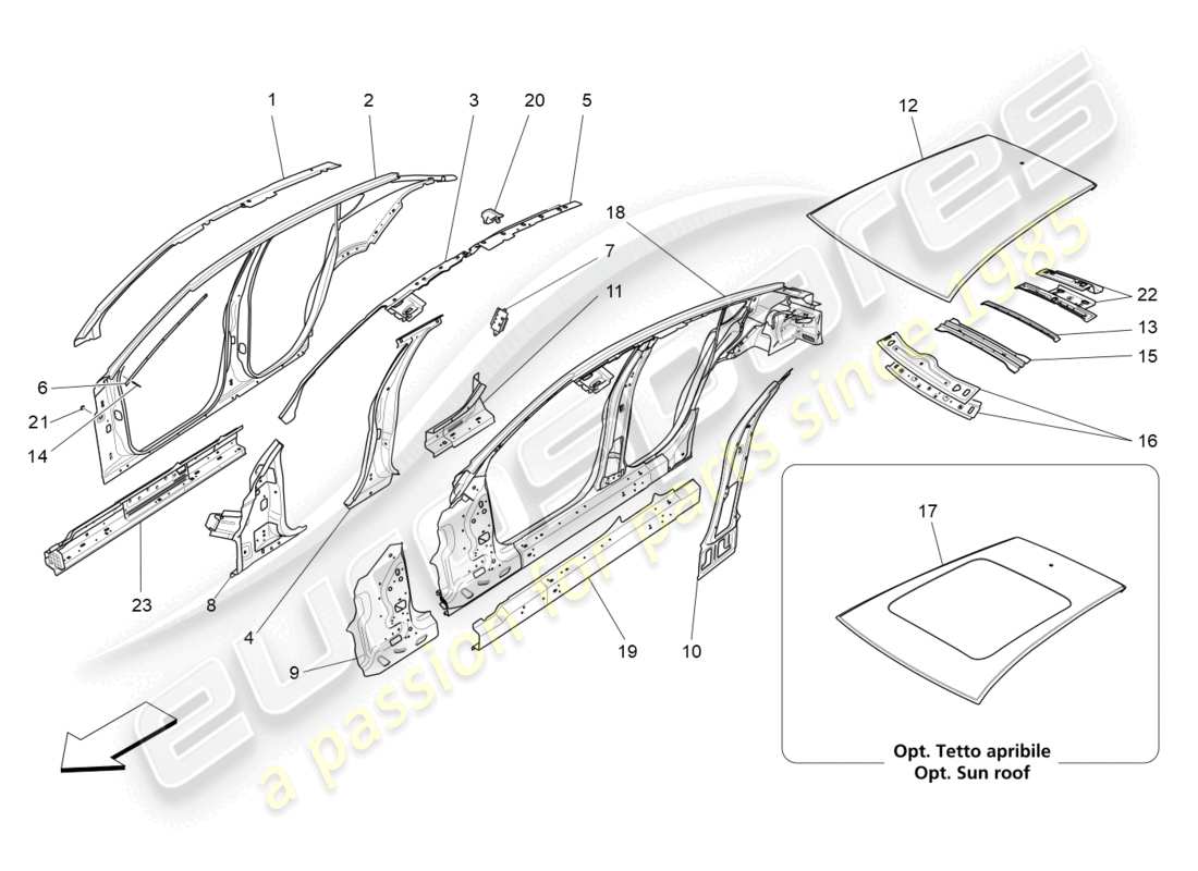 maserati levante modena (2022) schéma des pièces de la carrosserie et des panneaux de garniture extérieurs centraux