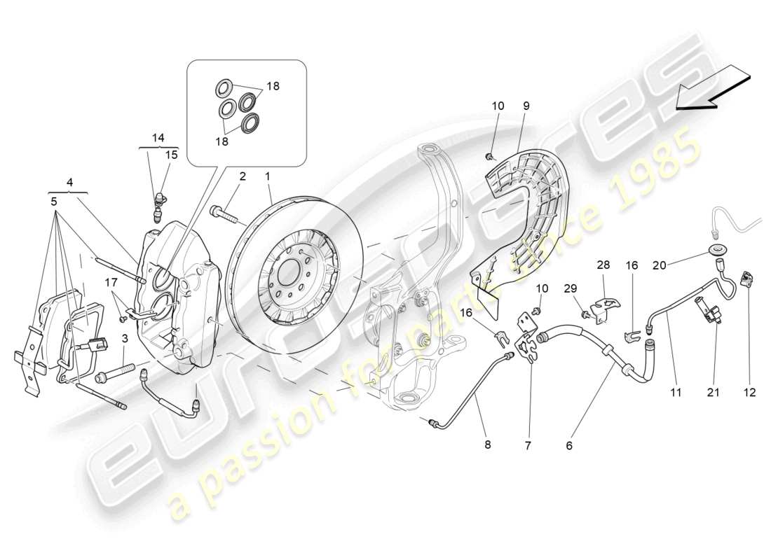 maserati ghibli (2015) dispositifs de freinage sur les roues avant schéma des pièces