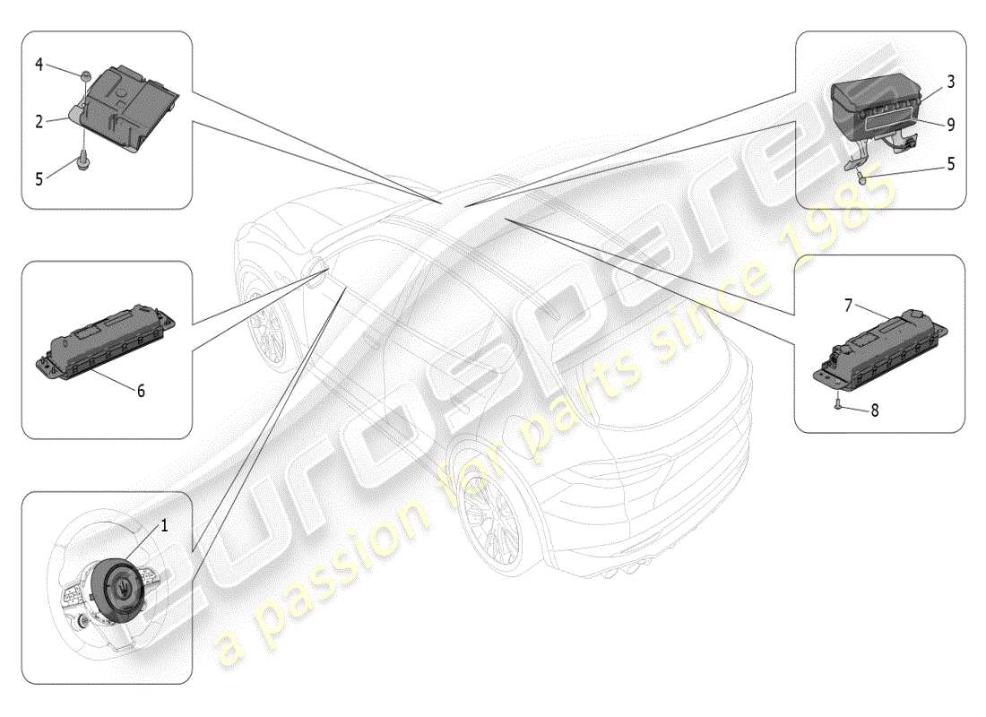 maserati grecale modena (2023) schéma des pièces du système d'airbag frontal