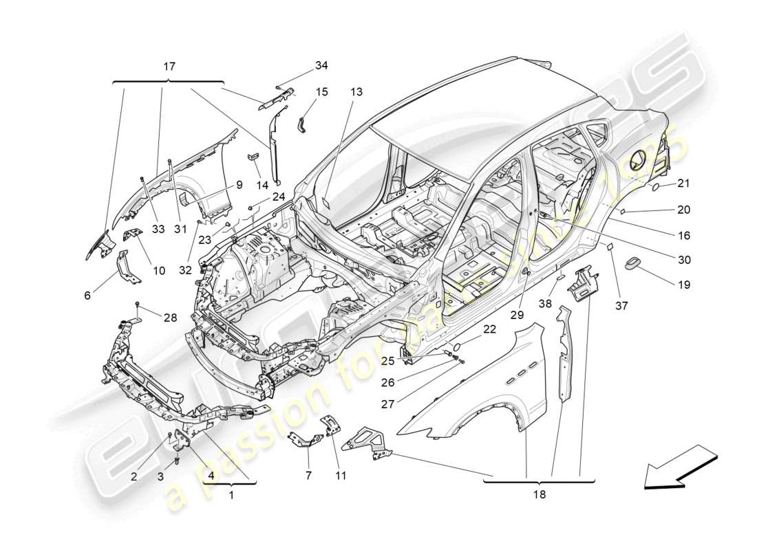 maserati levante (2020) carrosserie et ​​garniture extérieure avant schéma des pièces