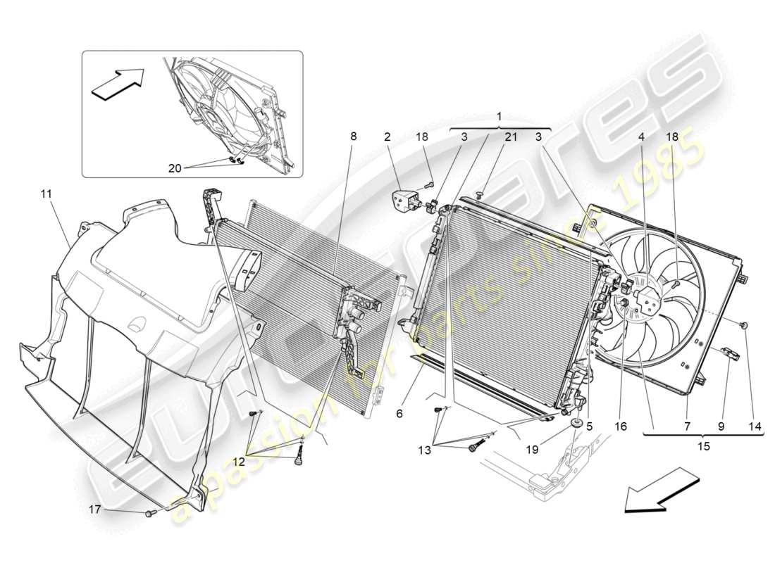 maserati ghibli (2017) refroidissement : diagramme de pièces des radiateurs et des conduits d'air