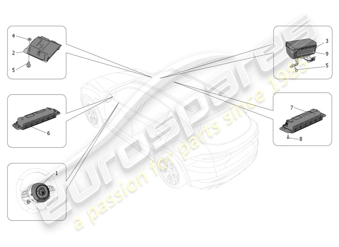maserati grecale gt (2023) schéma des pièces du système d'airbag frontal