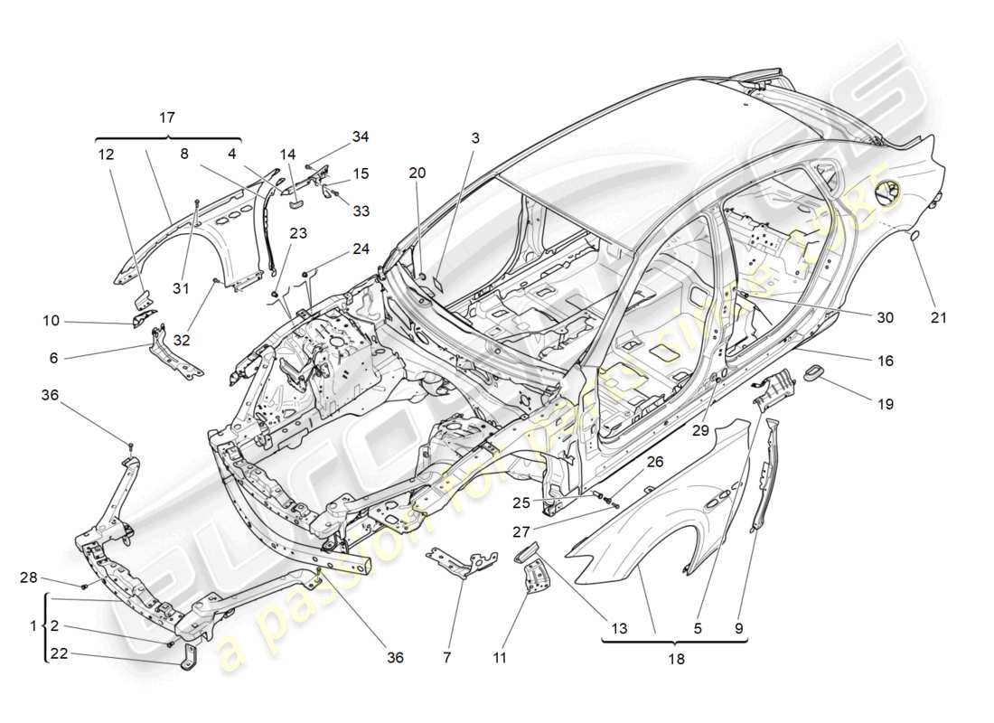 maserati quattroporte (2018) schéma des pièces de la carrosserie et des panneaux de garniture extérieurs avant