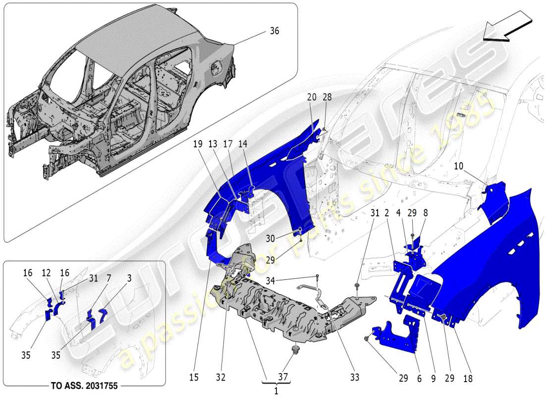 maserati grecale modena (2023) schéma des pièces de la carrosserie et des panneaux de garniture extérieurs avant