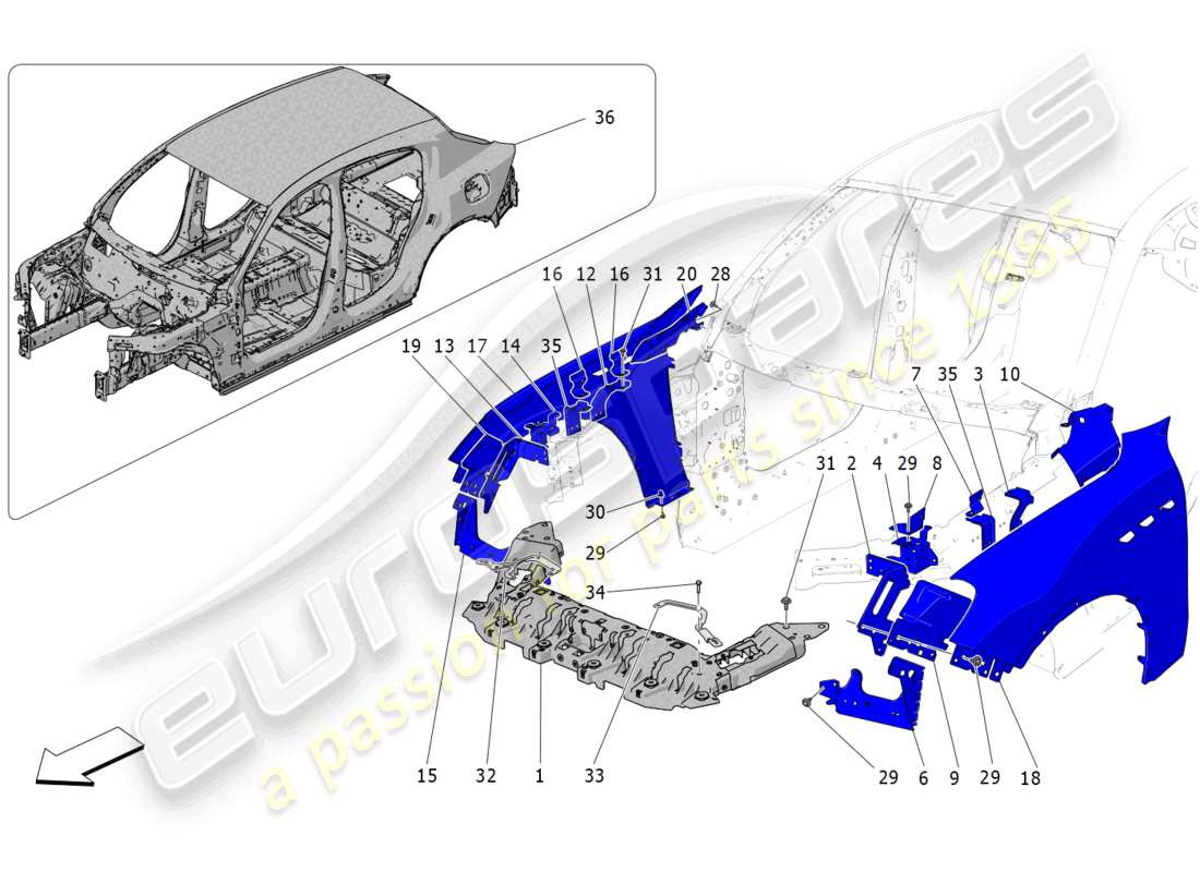 maserati grecale trofeo (2023) schéma des pièces de la carrosserie et des panneaux de garniture extérieurs avant
