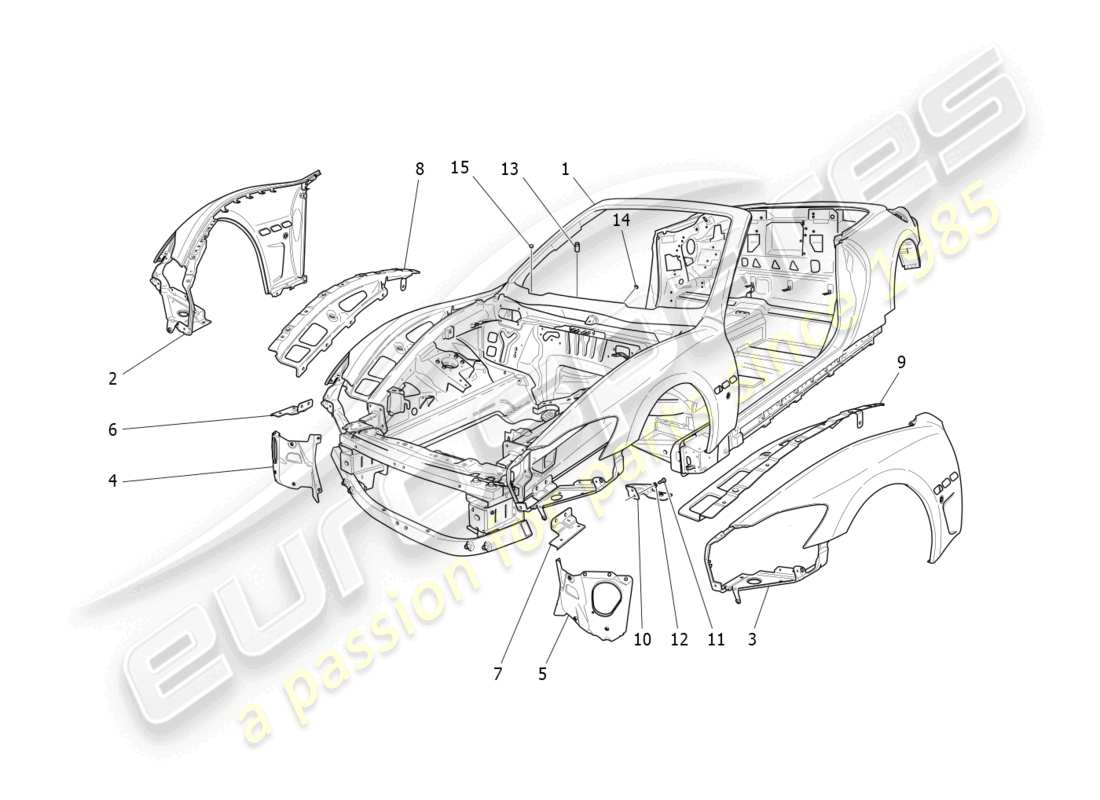maserati grancabrio mc (2013) schéma des pièces de la carrosserie et des panneaux de garniture extérieurs avant