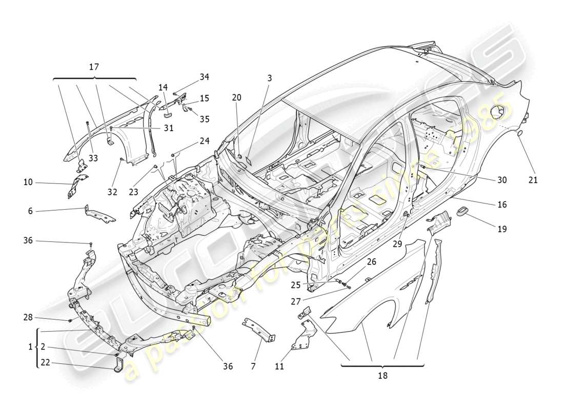 maserati ghibli (2018) schéma des pièces de la carrosserie et des panneaux de garniture extérieurs avant