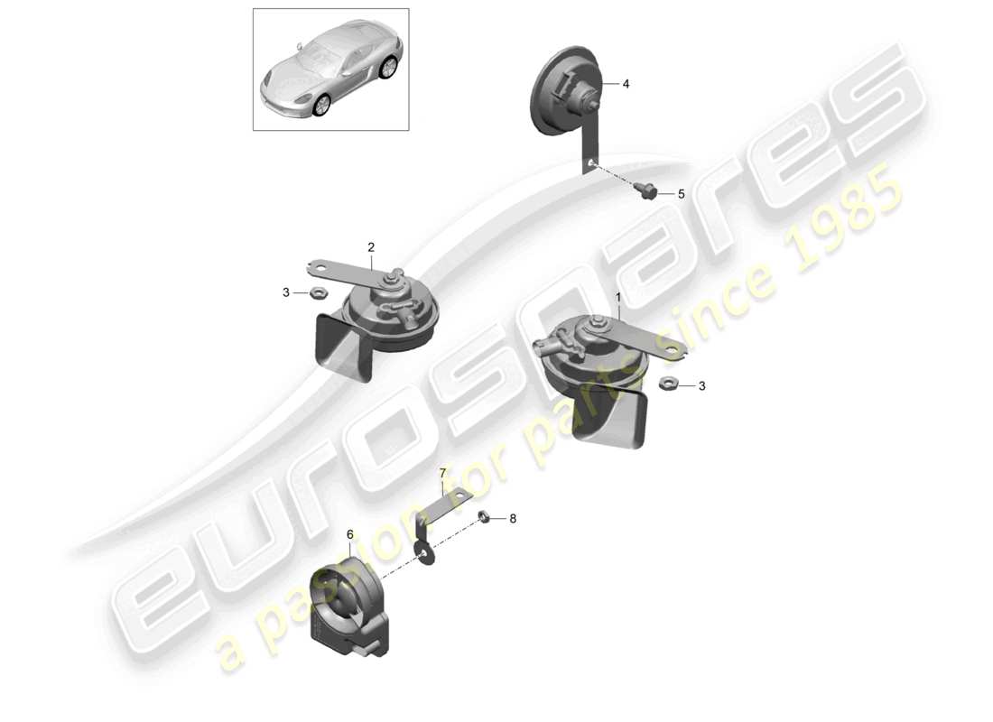 porsche 2024 (718 cayman) diagramme des pièces du système d'alarme à klaxon fanfare signal