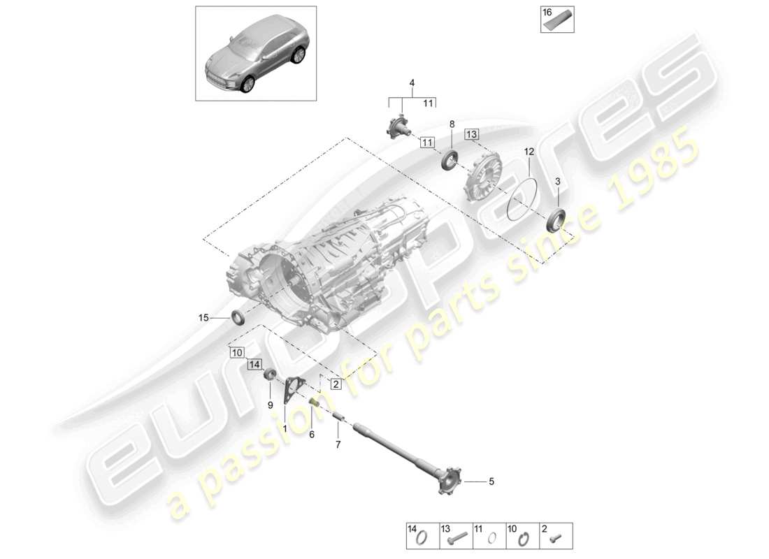 porsche 2021 (macan) - pdk - schéma des pièces du différentiel de l'essieu avant de la boîte de vitesses