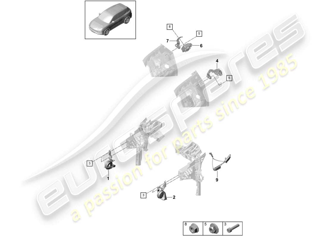 porsche 2021 (cayenne e3 9ya/9yb) schéma des pièces du klaxon d'alarme et du klaxon de fanfare