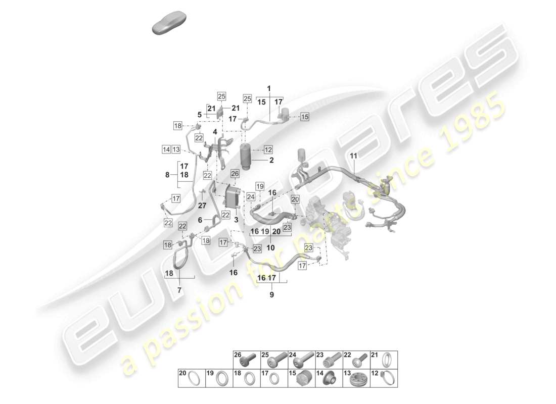 porsche 2022 (taycan 9j1-1) climatisation conduite de réfrigérant insert de sécheur avec pièces de fixation sans : pompe à chaleur r1234yf liquide de refroidissement schéma des pièces