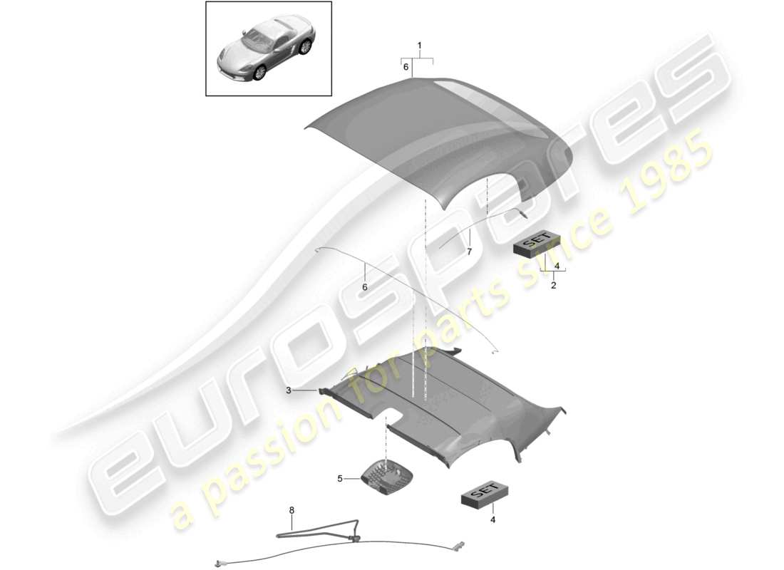 porsche 2022 (718 boxster) schéma des pièces de la garniture de pavillon moulée pour capote décapotable