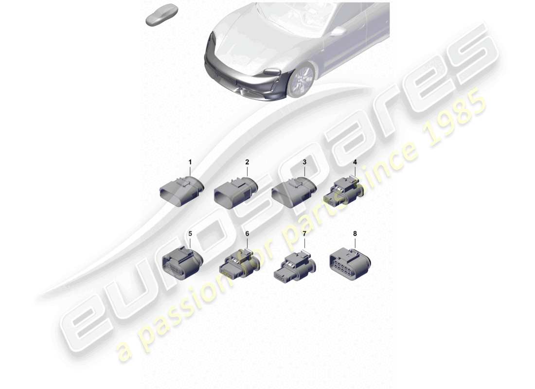 porsche 2022 (taycan 9j1-1) boîtier de connecteur avant pour pare-chocs et schéma des pièces d'éclairage