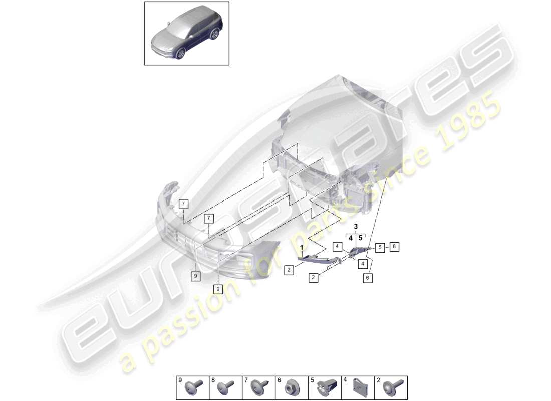 porsche 2024 (cayenne e3 9ya/9yb) schéma des pièces de fixation du pare-chocs avant