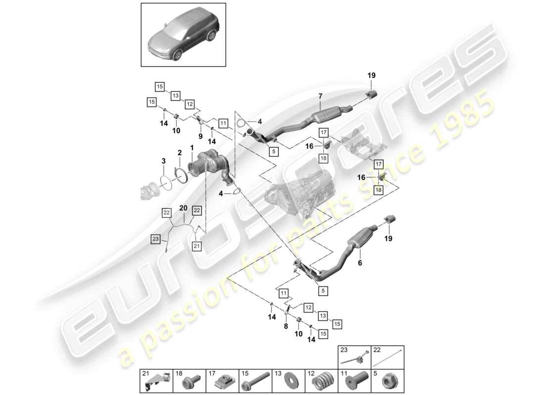 porsche 2024 (cayenne e3 9ya/9yb) système d'échappement convertisseur catalytique filtre à particules essence sonde lambda schéma des pièces