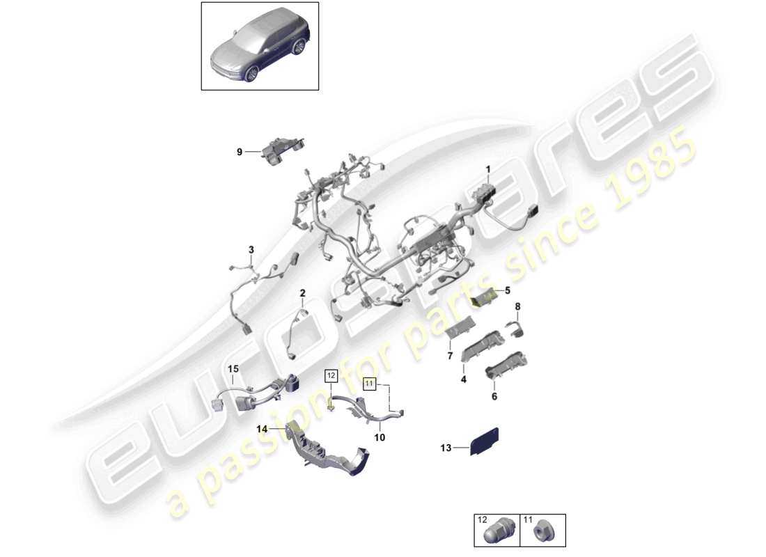 porsche 2024 (cayenne e3 9ya/9yb) schéma des pièces du moteur des faisceaux de câbles