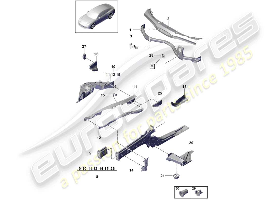 porsche 2021 (panamera 971-1) partie avant pièces individuelles schéma des pièces