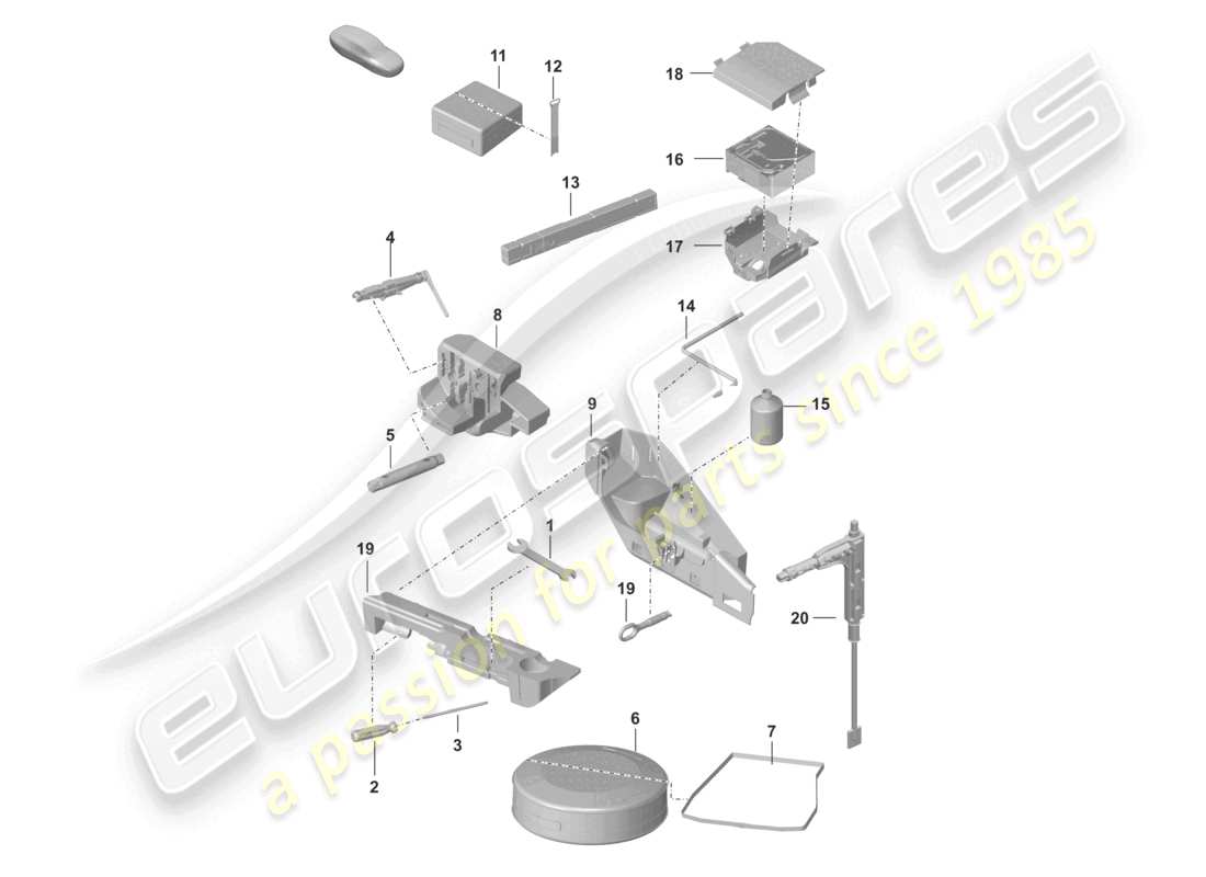 porsche 2022 (992-1 turbo / s) outil de dépannage, triangle de présignalisation, trousse de premiers secours, kit de dépannage avec compresseur, schéma des pièces
