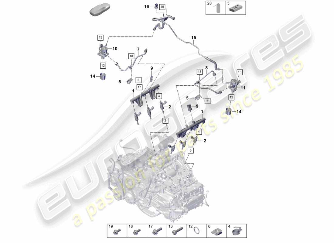 porsche 2022 (992-1 gt3/rs/st) schéma des pièces de la pompe haute pression du système d'injection et de l'injecteur haute pression