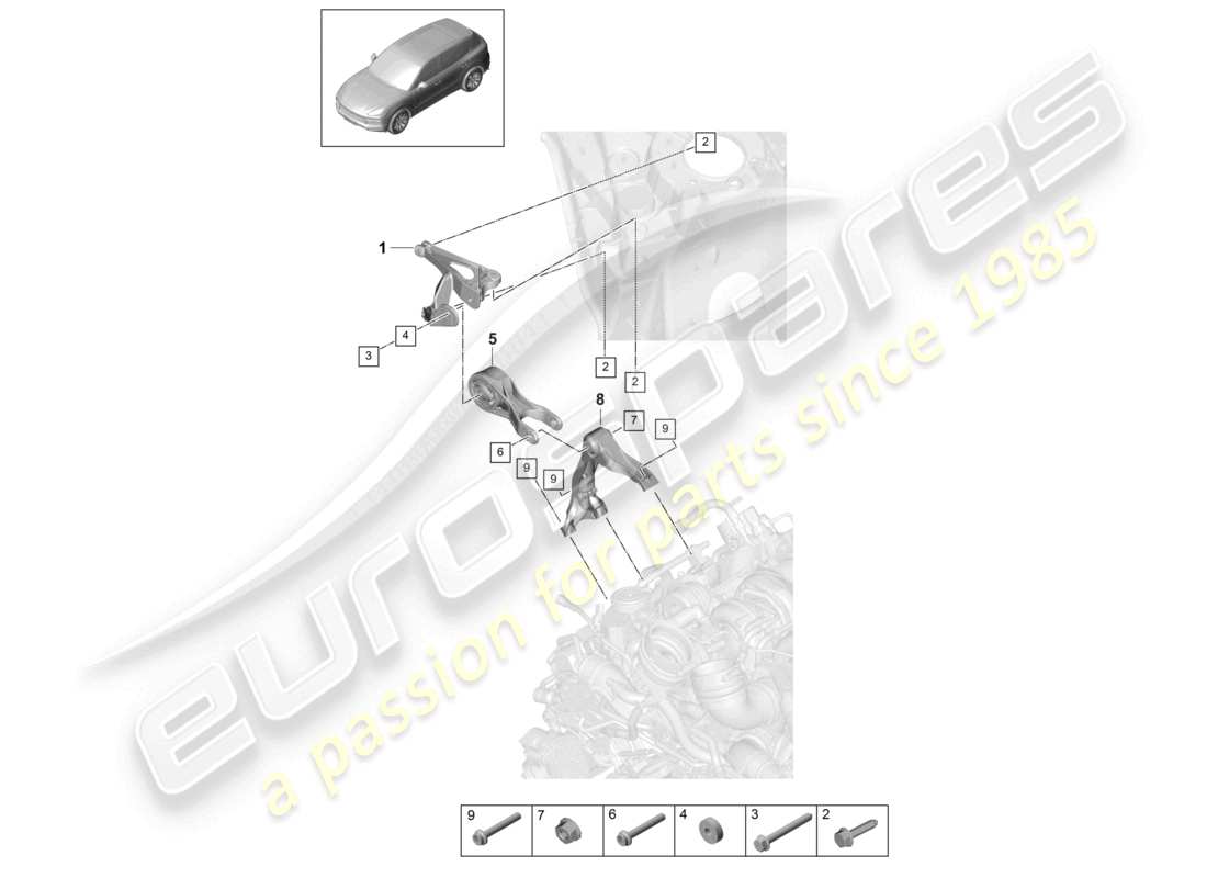 porsche 2021 (cayenne e3 9ya/9yb) schéma des pièces du support supérieur du moteur