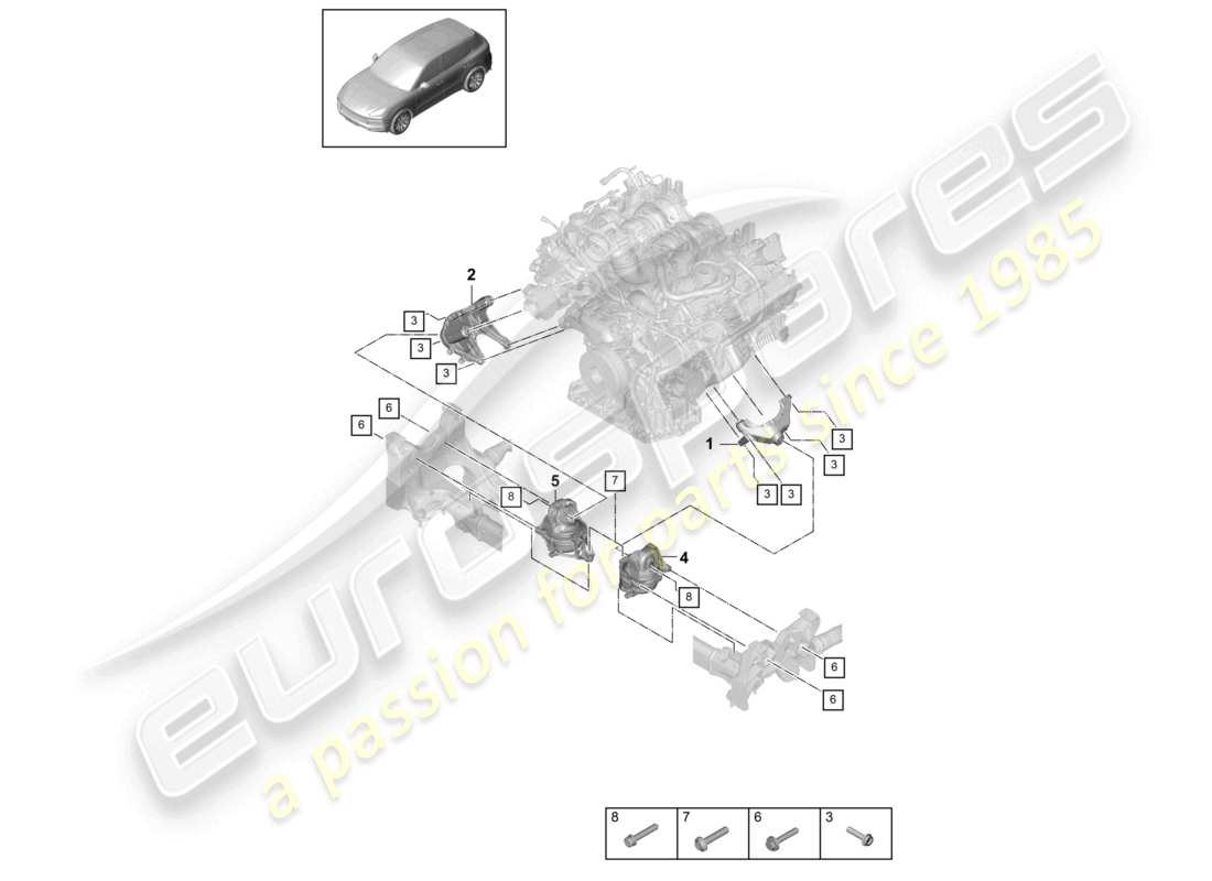 porsche 2021 (cayenne e3 9ya/9yb) console inférieure de levage du moteur pour le montage du moteur schéma des pièces de montage du moteur