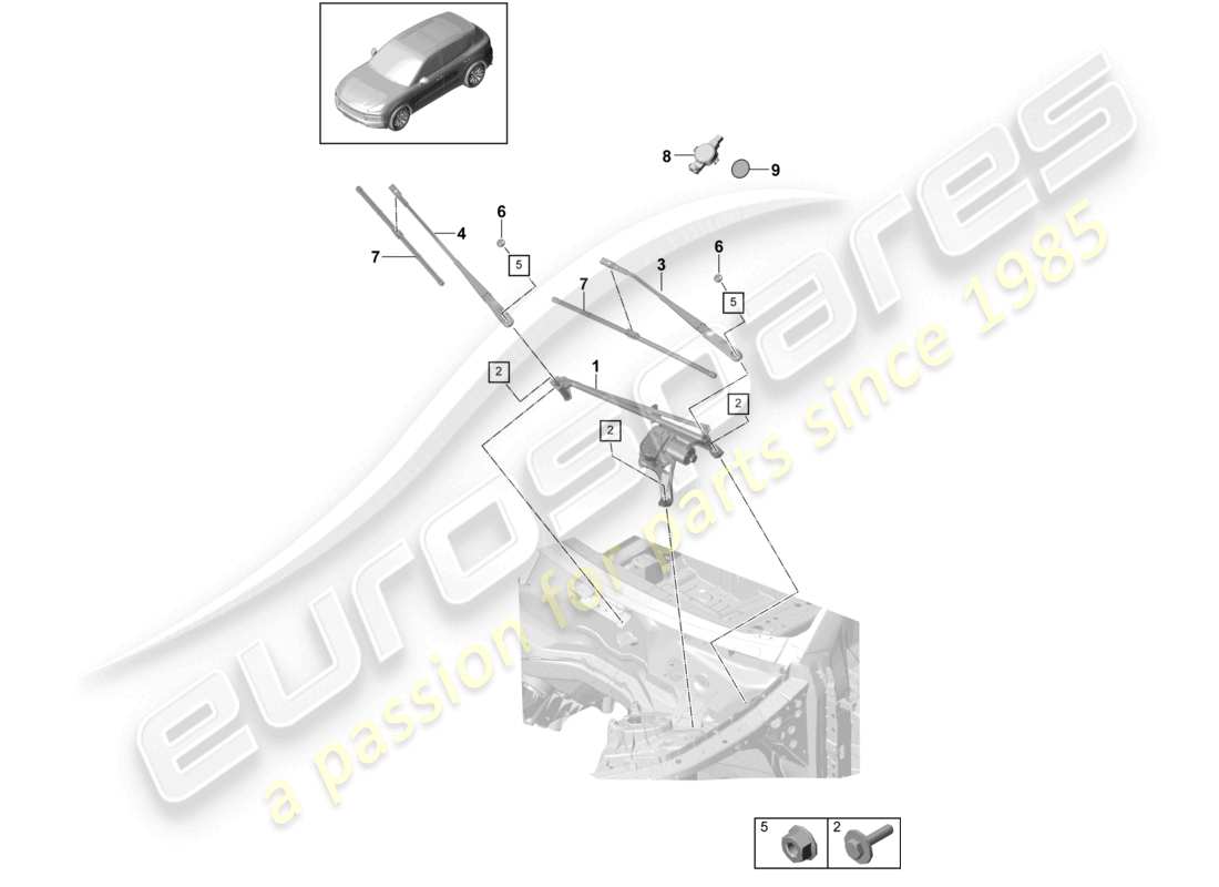 porsche 2024 (cayenne e3 9ya/9yb) système d'essuie-glace, capteur de pluie complet schéma des pièces