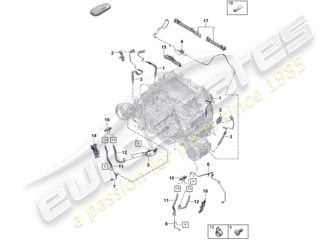 porsche 2023 (992-1 gt3/rs/st) convertisseur catalytique filtre à particules essence fixations et capteurs schéma des pièces