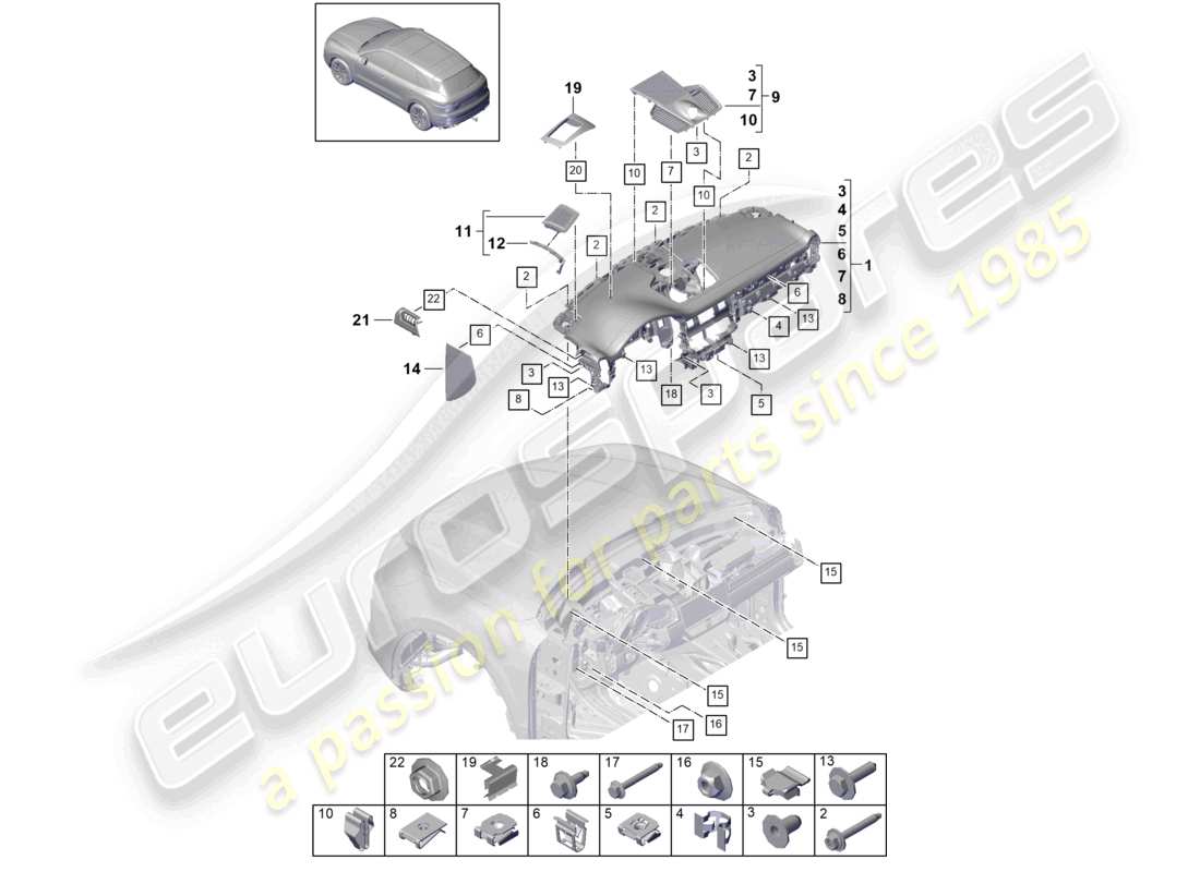porsche 2021 (cayenne e3 9ya/9yb) schéma des pièces de garniture supérieure du tableau de bord et des accessoires