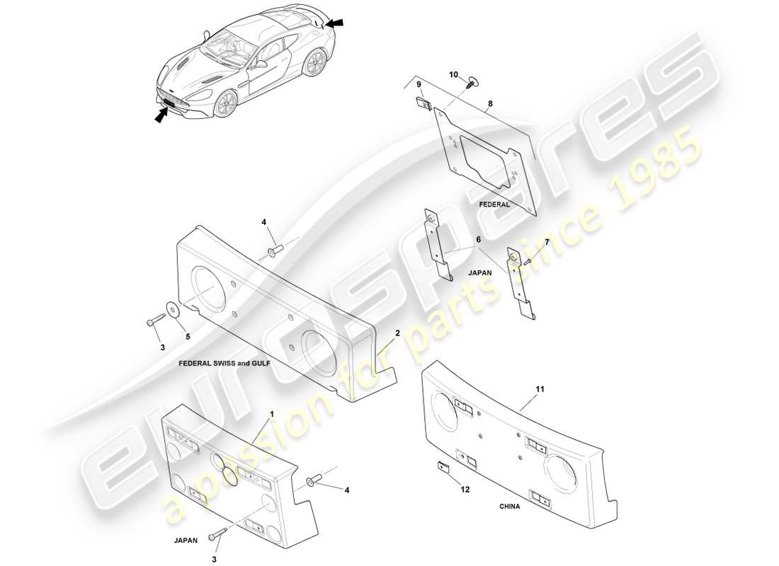 aston martin vanquish (2013) socles de plaque d'immatriculation schéma des pièces