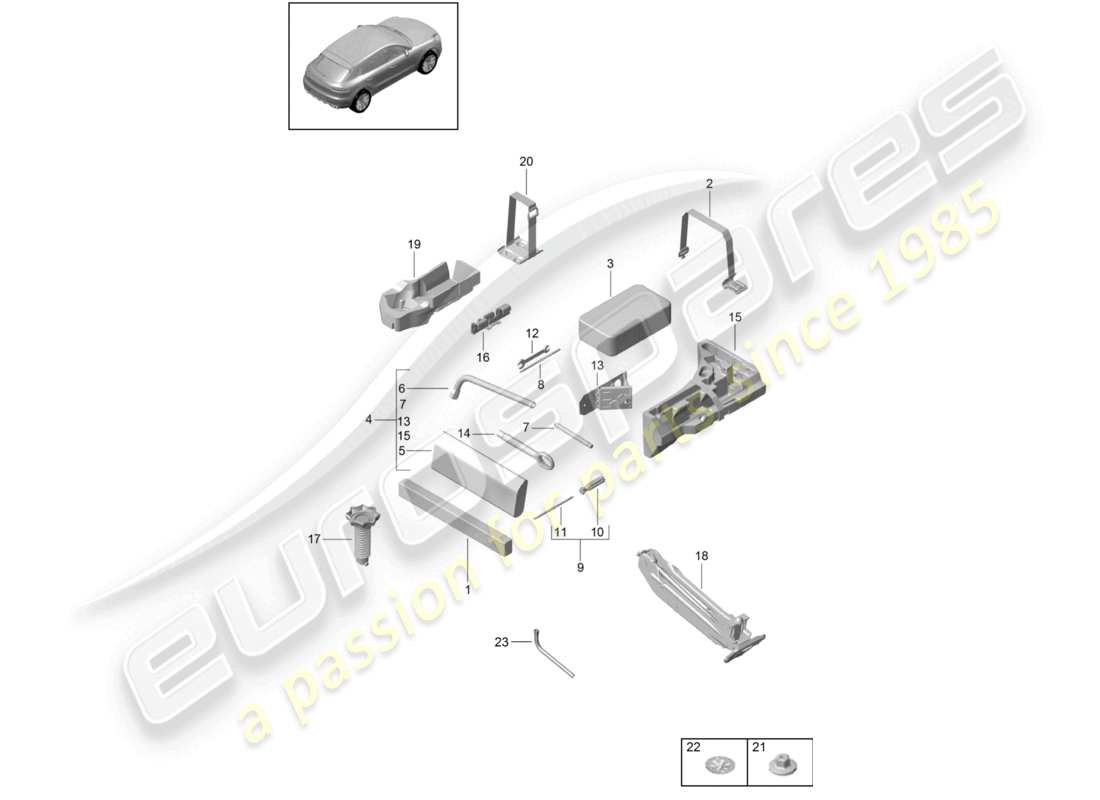 porsche 2021 (macan) schéma des pièces de la trousse de premiers secours avec triangle de présignalisation pour cric à outils