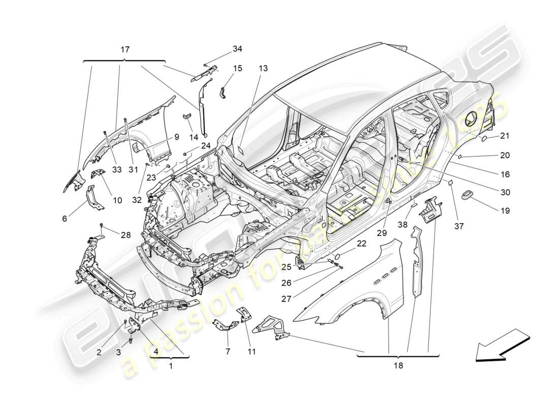 maserati levante gt (2022) schéma des pièces de la carrosserie et des panneaux de garniture extérieurs avant