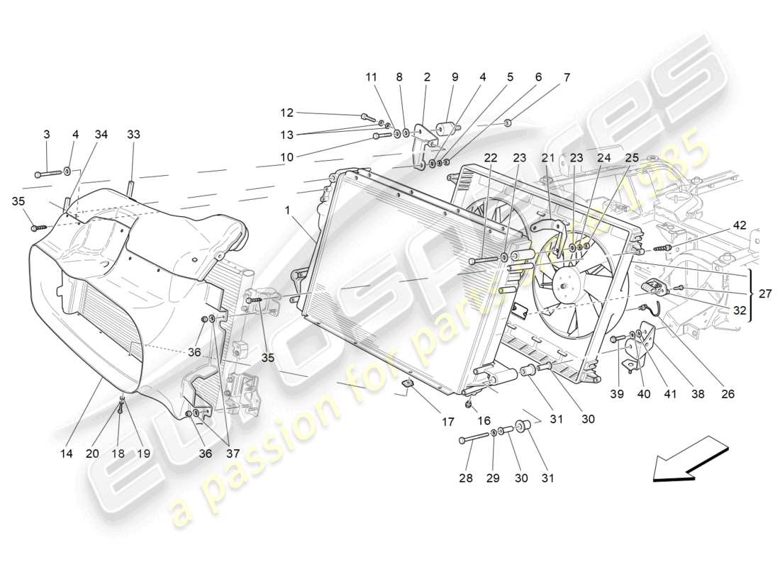 maserati granturismo mc stradale (2013) refroidissement : diagramme de pièces des radiateurs et des conduits d'air