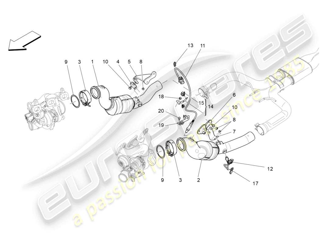 maserati levante (2018) diagramme des pièces des convertisseurs pré-catalytiques et des convertisseurs catalytiques