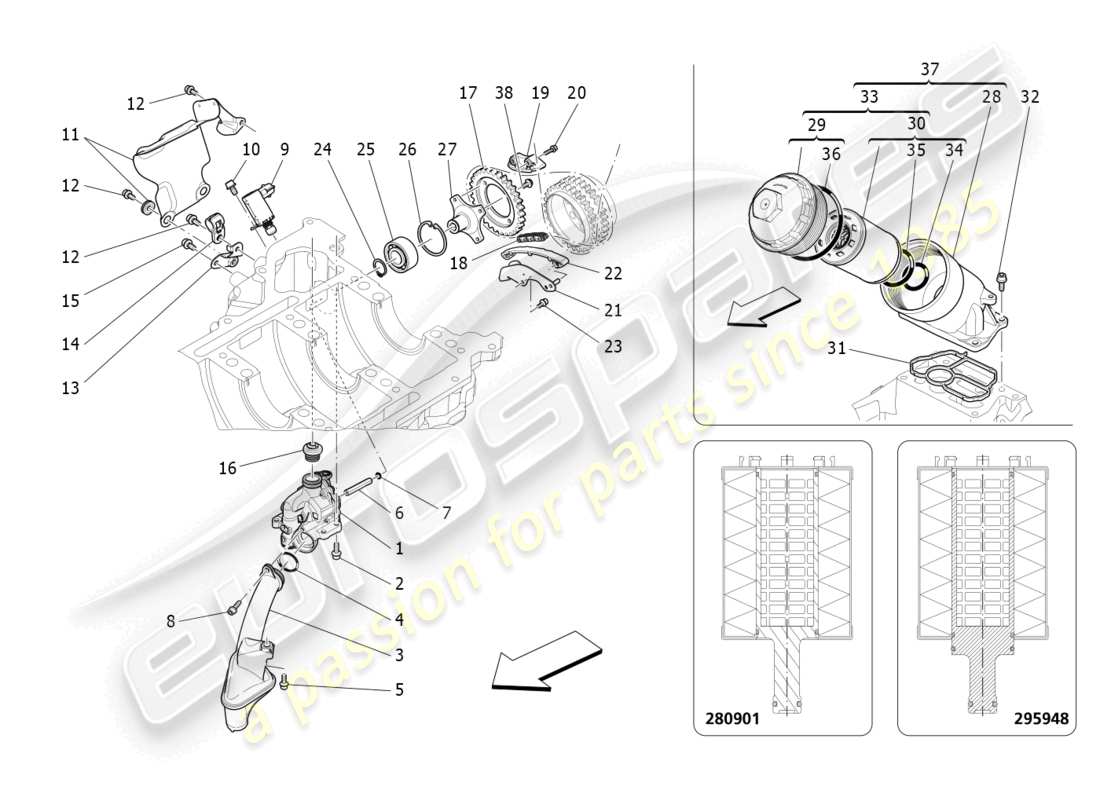 maserati quattroporte (2018) système de lubrification : diagramme des pièces de la pompe et du filtre