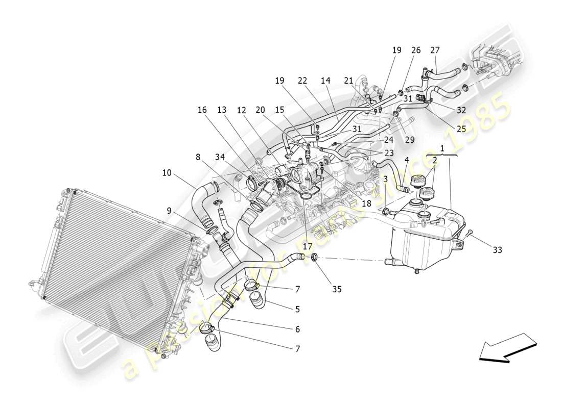 maserati quattroporte (2018) système de refroidissement : diagramme de pièces nourice et lignes