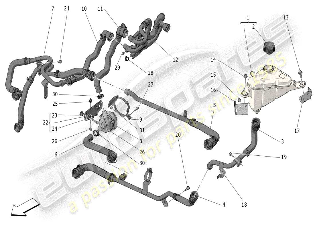 maserati grecale modena (2023) système de refroidissement : diagramme de pièces nourice et lignes