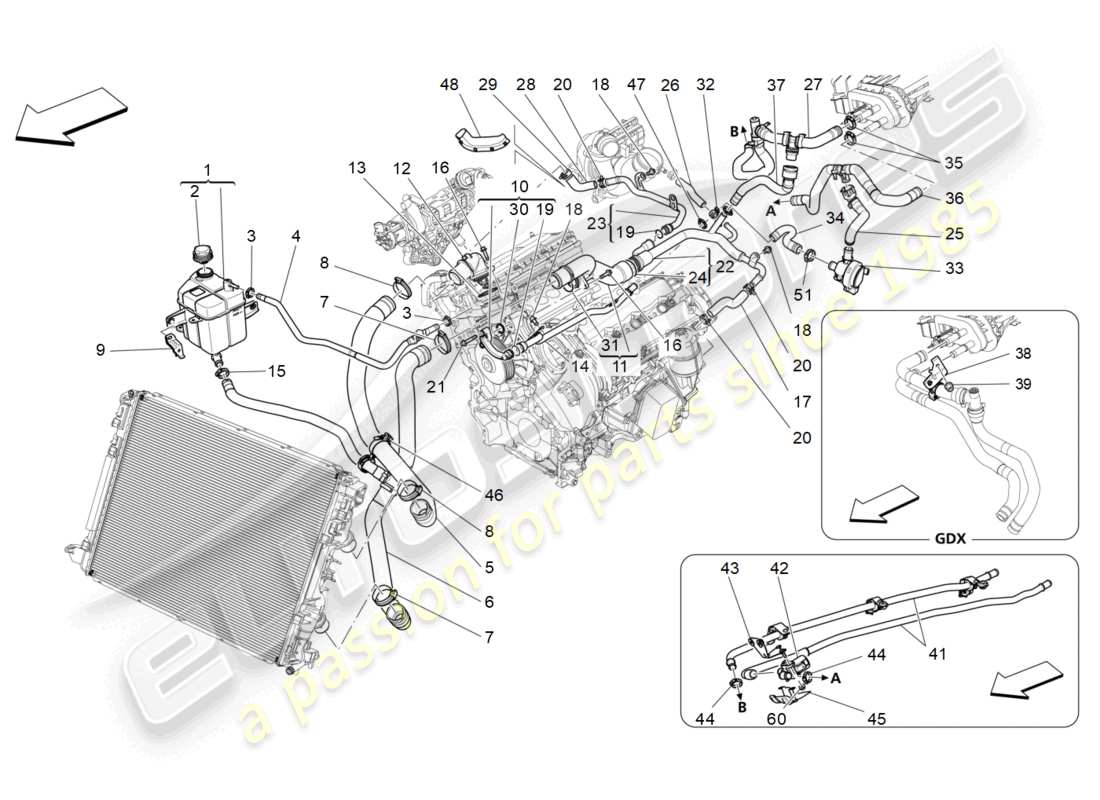 maserati levante (2018) système de refroidissement : diagramme de pièces nourice et lignes