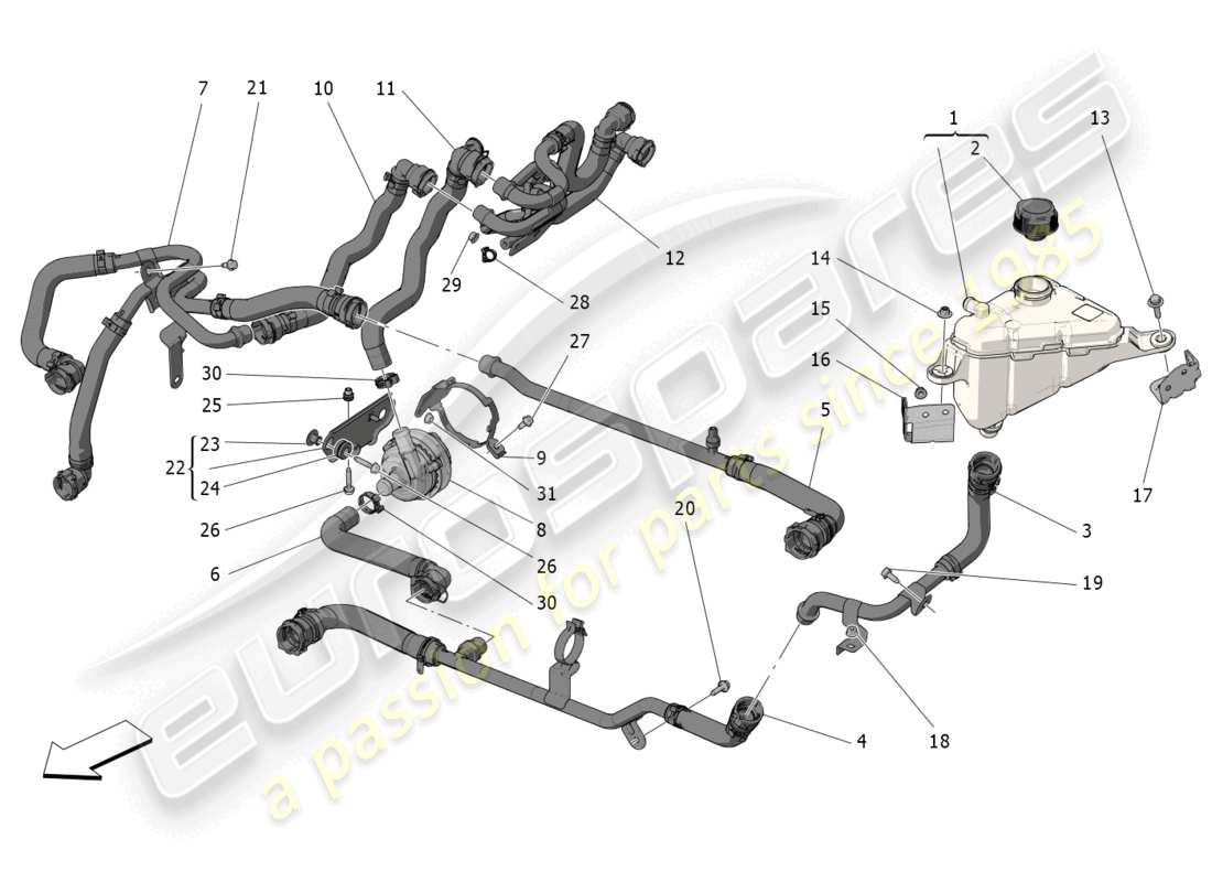 maserati grecale gt (2023) système de refroidissement : diagramme de pièces nourice et lignes