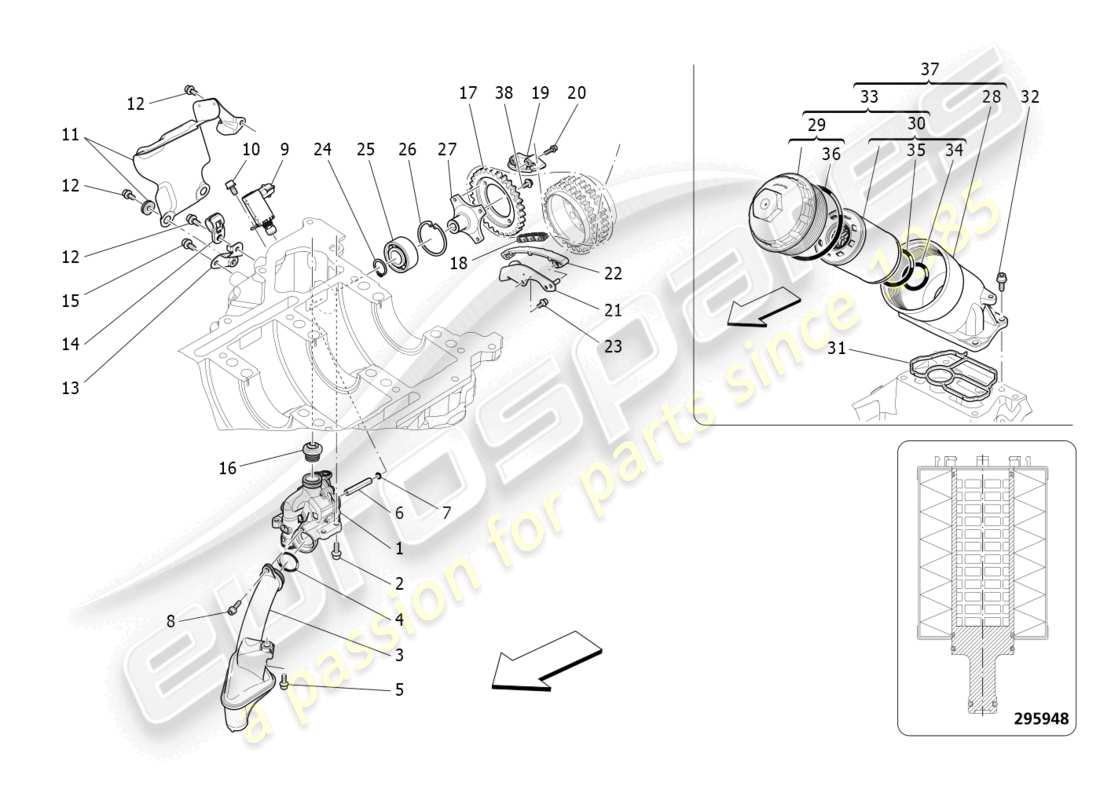 maserati levante gts (2020) système de lubrification : diagramme des pièces de la pompe et du filtre