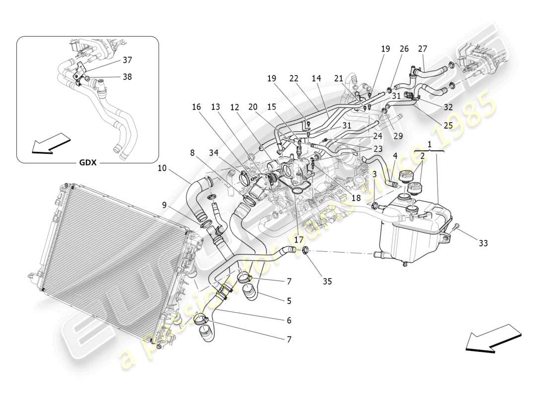 maserati levante gts (2020) système de refroidissement : diagramme de pièces nourice et lignes