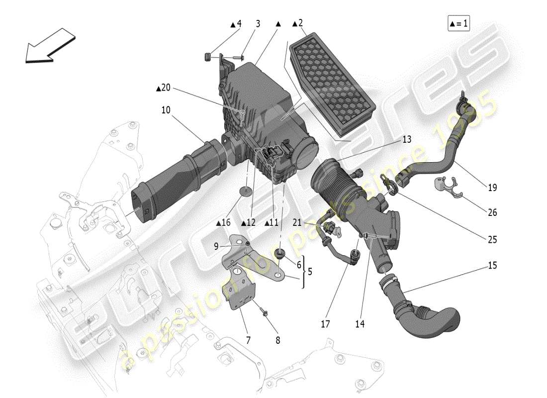 maserati grecale modena (2023) schéma des pièces du filtre à air, de l'admission d'air et des conduits