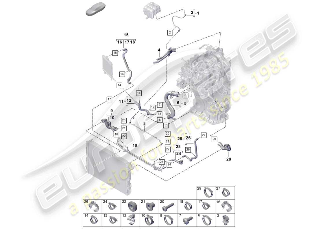 porsche 2026 (cayenne e3 pa) système de refroidissement du liquide de refroidissement vase d'expansion du liquide de refroidissement tuyau de liquide de refroidissement schéma des pièces