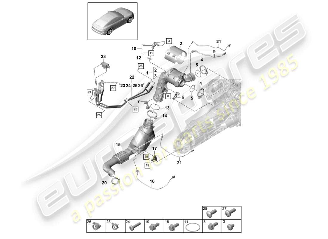 porsche 2021 (panamera 971-1) système d'échappement convertisseur catalytique filtre à particules diesel sonde lambda schéma des pièces